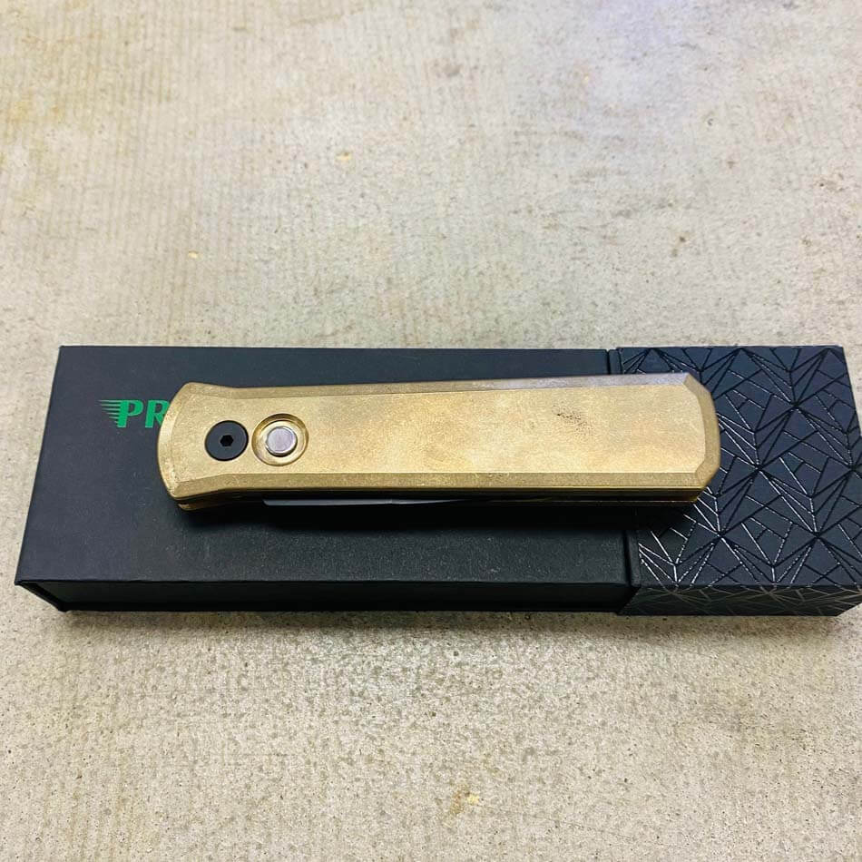 PROTECH 7112 Godson 3.15" LIMITED Stonewash Solid Bronze AL Handle DLC Black Blade Mother of Pearl Button Auto Knife  - 7112