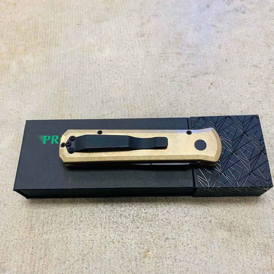 PROTECH 7112 Godson 3.15" LIMITED Stonewash Solid Bronze AL Handle DLC Black Blade Mother of Pearl Button Auto Knife  - 7112