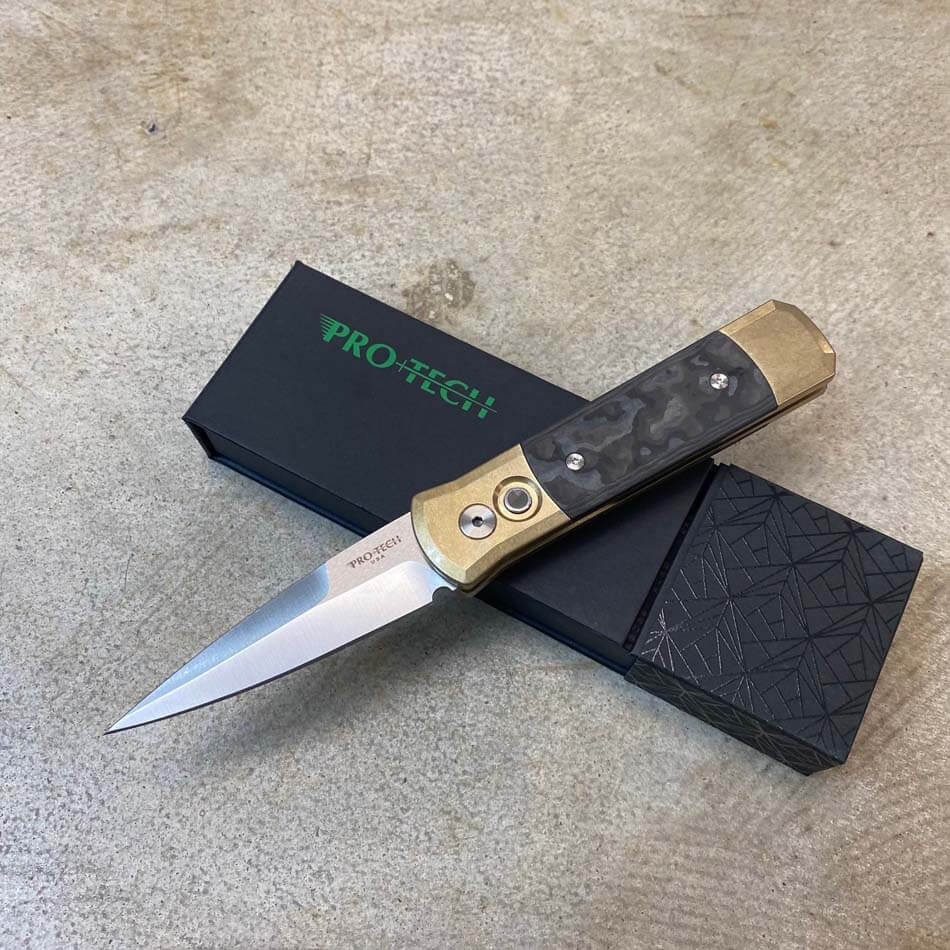 Protech 7114 Fat Carbon Black Camo Inlays Godson 3.15" Satin 154-CM Blade Auto Knife