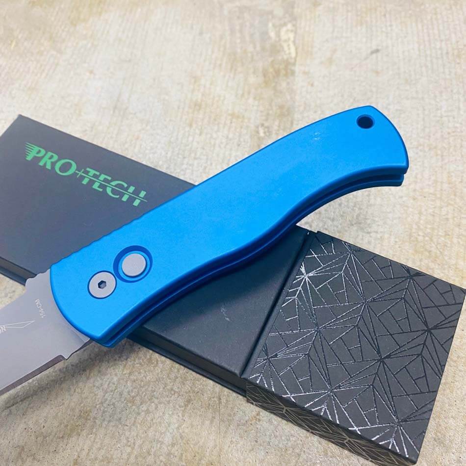 ProTech E7T01-BLUE Emerson CQC7 3.25" Chisel Tanto BLUE Handles Blasted Blade Plain Edge Automatic Knife - E7T01-BLUE