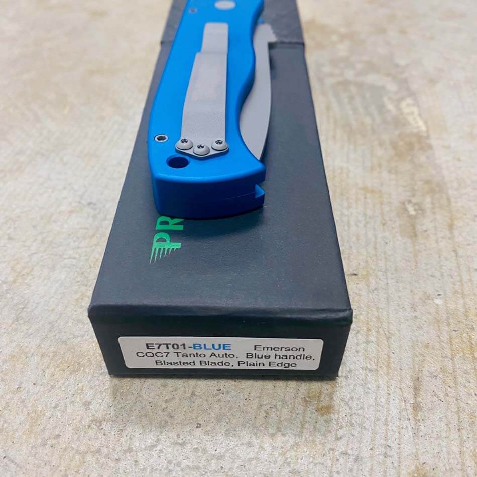 ProTech E7T01-BLUE Emerson CQC7 3.25" Chisel Tanto BLUE Handles Blasted Blade Plain Edge Automatic Knife - E7T01-BLUE