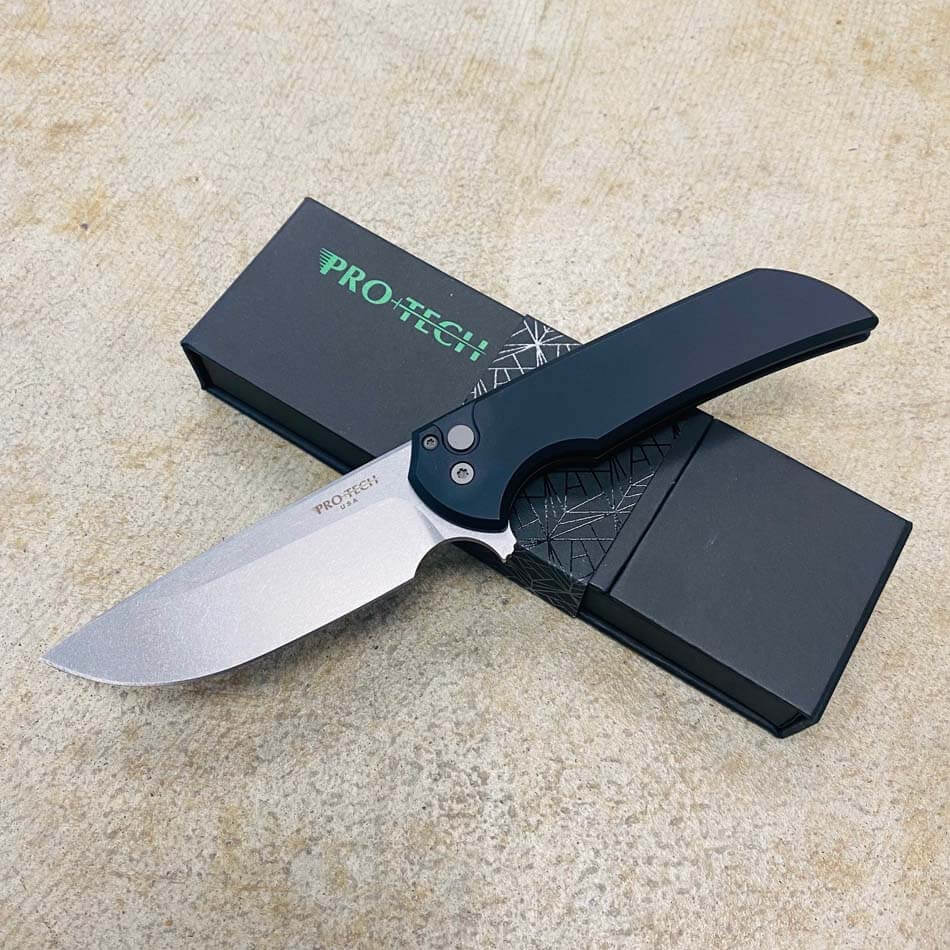 Protech MX101 Mordax Solid Black Handle 3.25 Stonewash Magnacut Blade Plain Edge Folding Knife