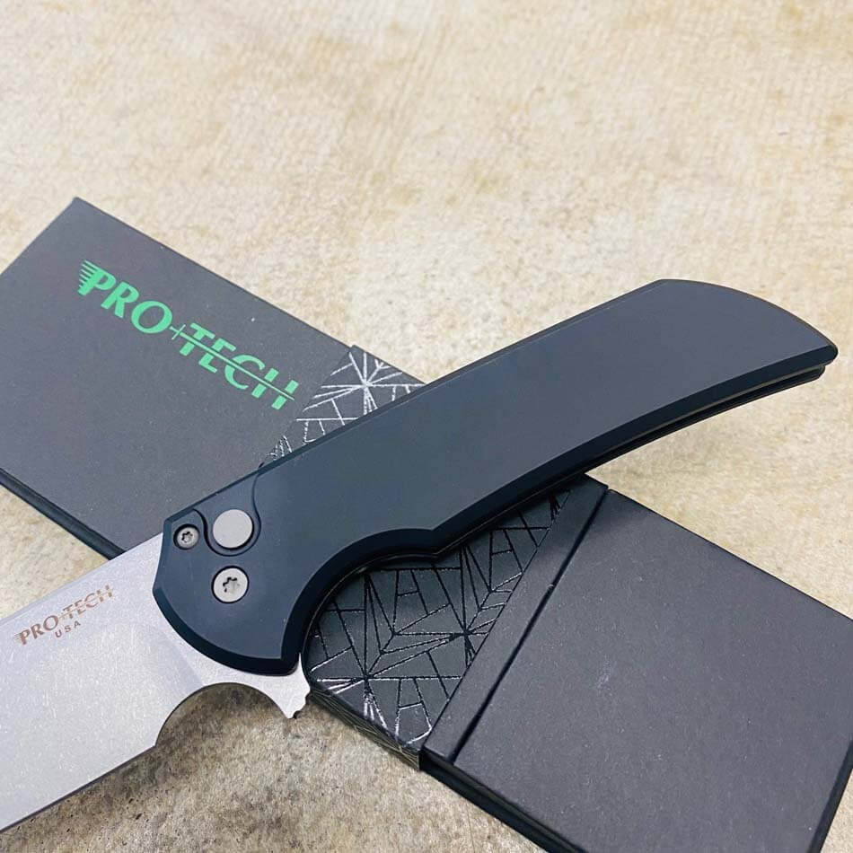 Protech MX101 Mordax Solid Black Handle 3.25 Stonewash Magnacut Blade Plain Edge Folding Knife - MX101