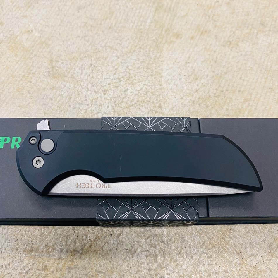 Protech MX101 Mordax Solid Black Handle 3.25 Stonewash Magnacut Blade Plain Edge Folding Knife - MX101