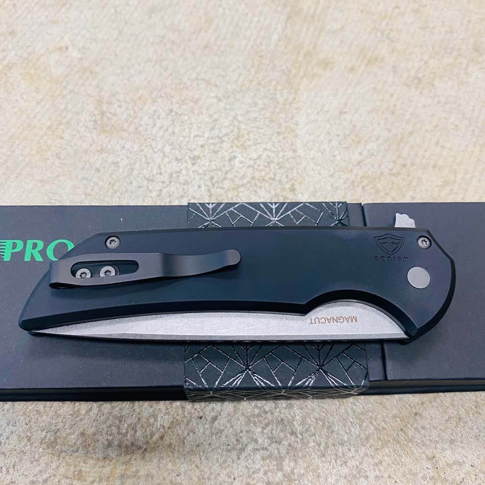 Protech MX101 Mordax Solid Black Handle 3.25 Stonewash Magnacut Blade Plain Edge Folding Knife - MX101
