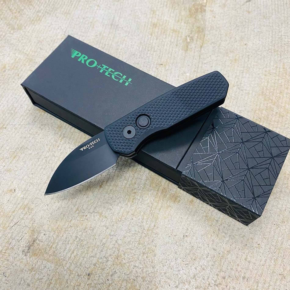 Protech Runt 5 R5106 Textured Black Handle 1.9" DLC Black Wharncliffe Blade Auto Knife