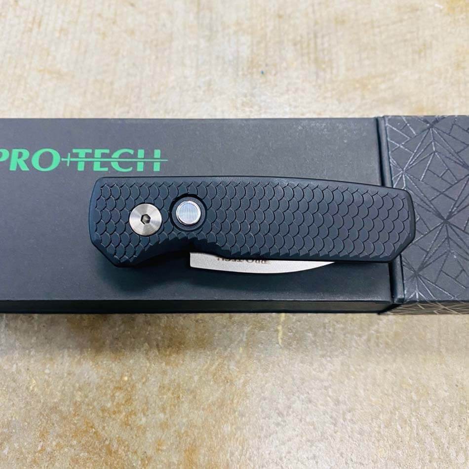 Protech Runt 5 R5130 Limited Auto Folding Knife 1.9" 20CV Stonewashed Steel Blade Black Dragon Scale Handles Pearl Button - R5130