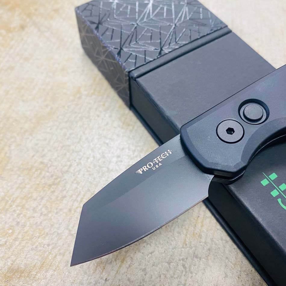 Protech Runt 5 R5203 Smooth Black Handle 1.9" DLC Black 20CV Reverse Tanto Blade Auto Knife - R5203 Runt 5