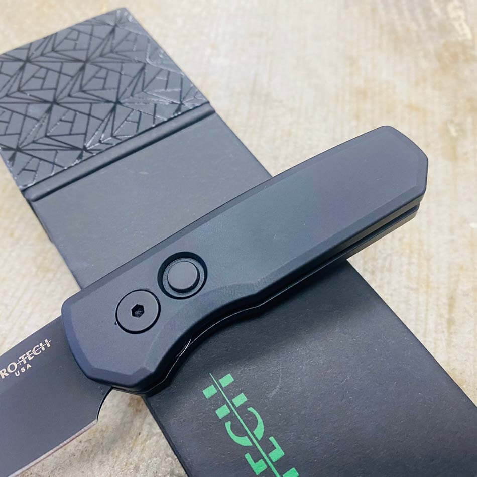 Protech Runt 5 R5203 Smooth Black Handle 1.9" DLC Black 20CV Reverse Tanto Blade Auto Knife - R5203 Runt 5