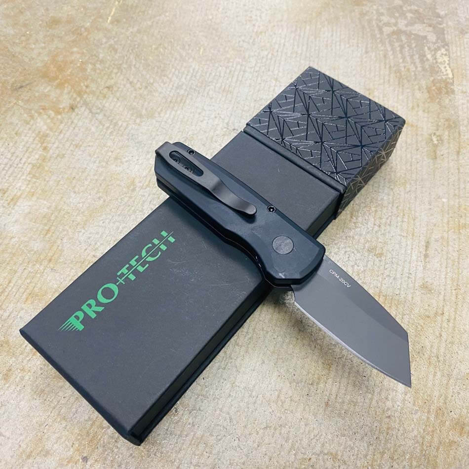 Protech Runt 5 R5203 Smooth Black Handle 1.9" DLC Black 20CV Reverse Tanto Blade Auto Knife - R5203 Runt 5