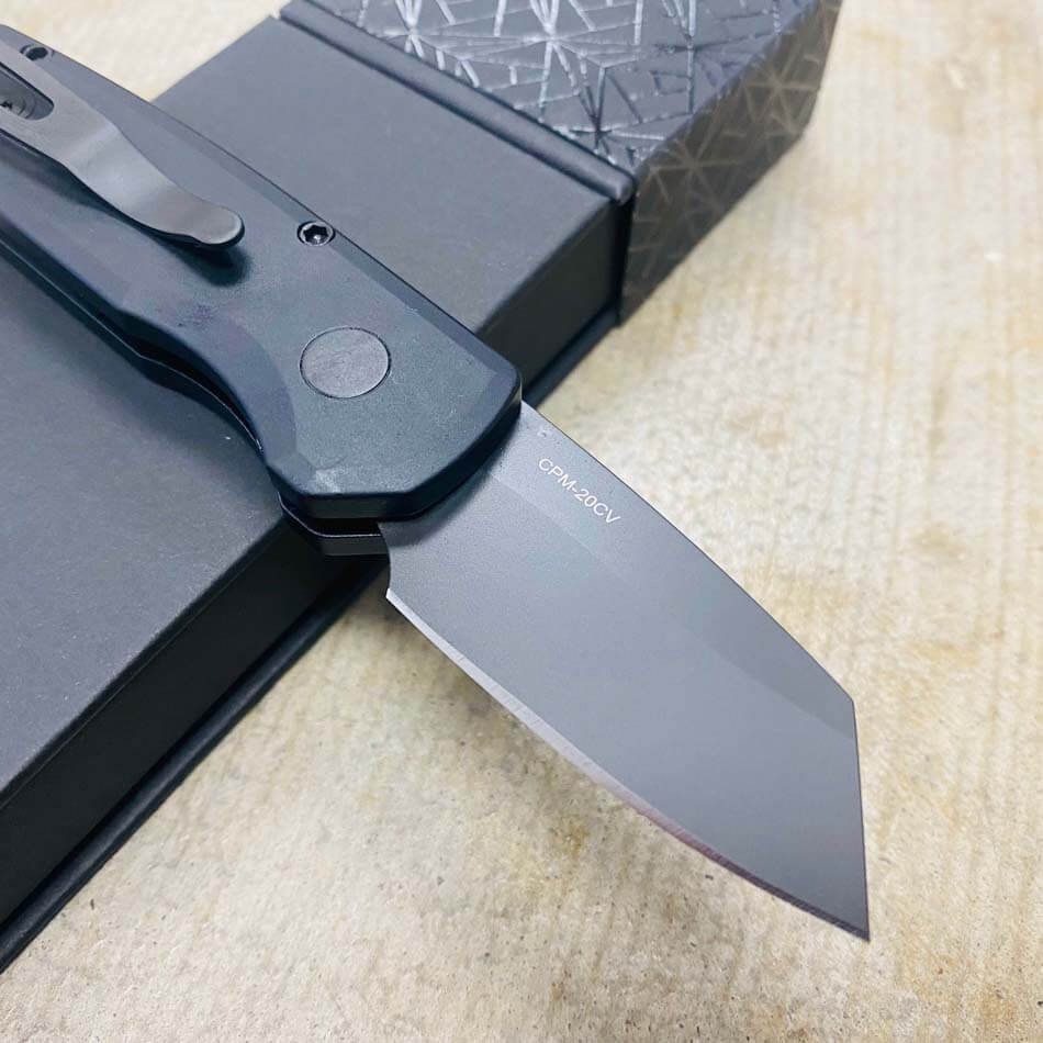 Protech Runt 5 R5203 Smooth Black Handle 1.9" DLC Black 20CV Reverse Tanto Blade Auto Knife - R5203 Runt 5