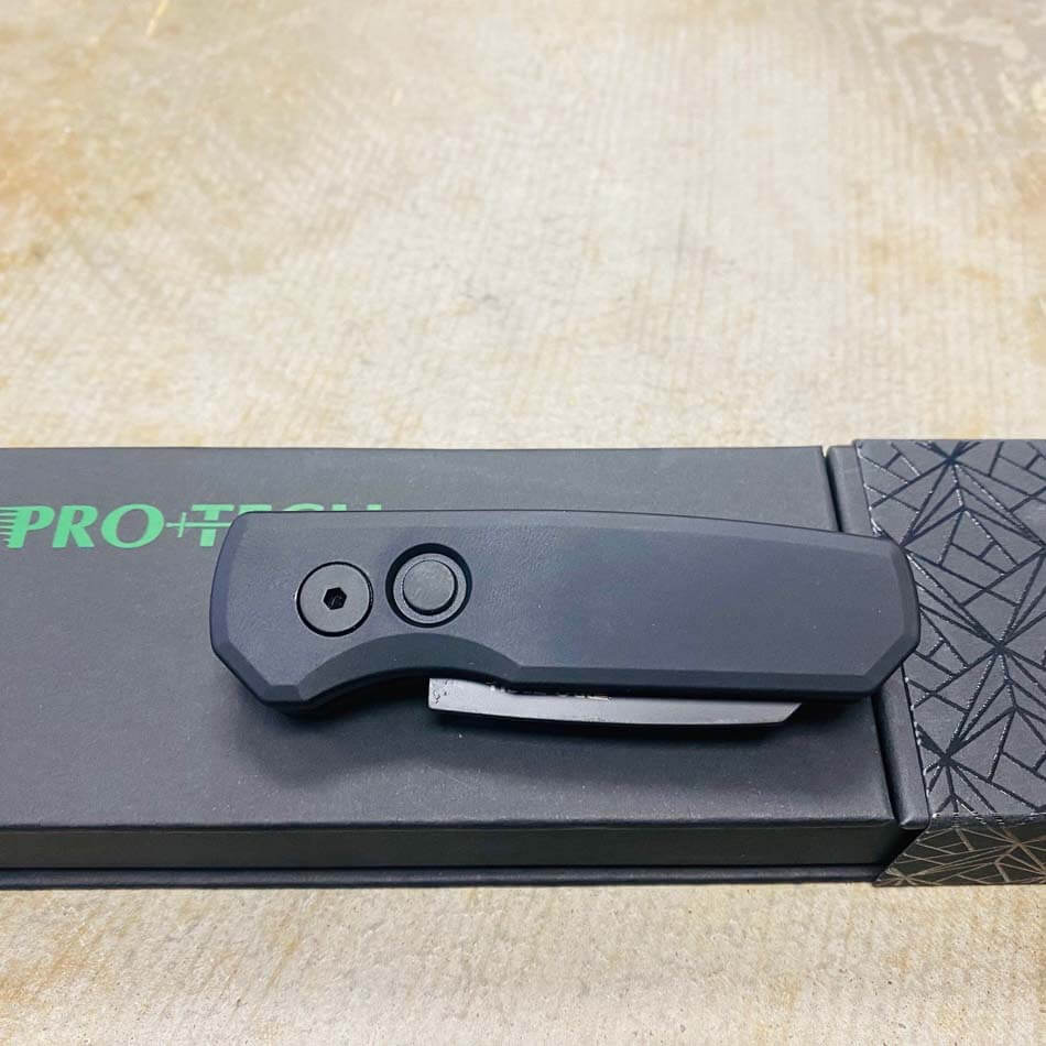 Protech Runt 5 R5203 Smooth Black Handle 1.9" DLC Black 20CV Reverse Tanto Blade Auto Knife - R5203 Runt 5