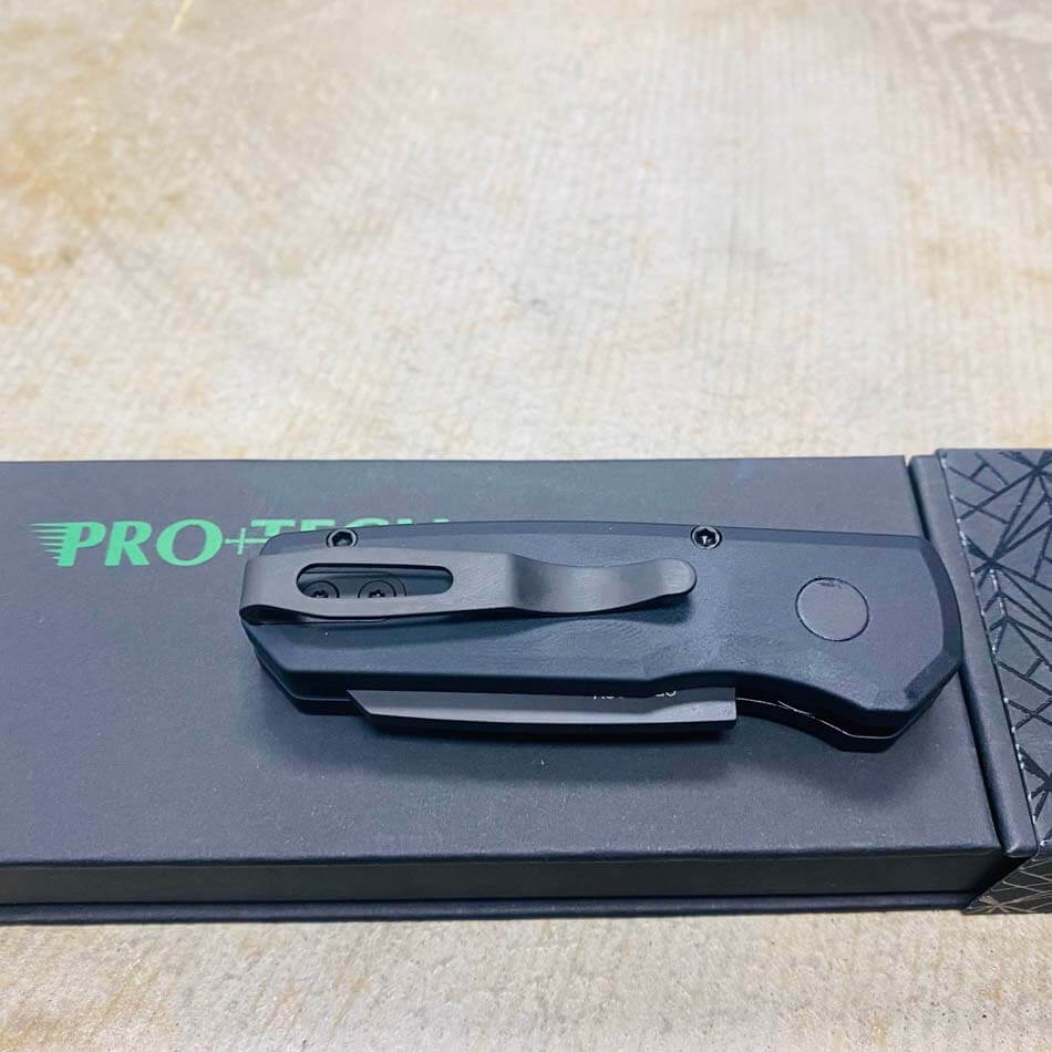Protech Runt 5 R5203 Smooth Black Handle 1.9" DLC Black 20CV Reverse Tanto Blade Auto Knife - R5203 Runt 5
