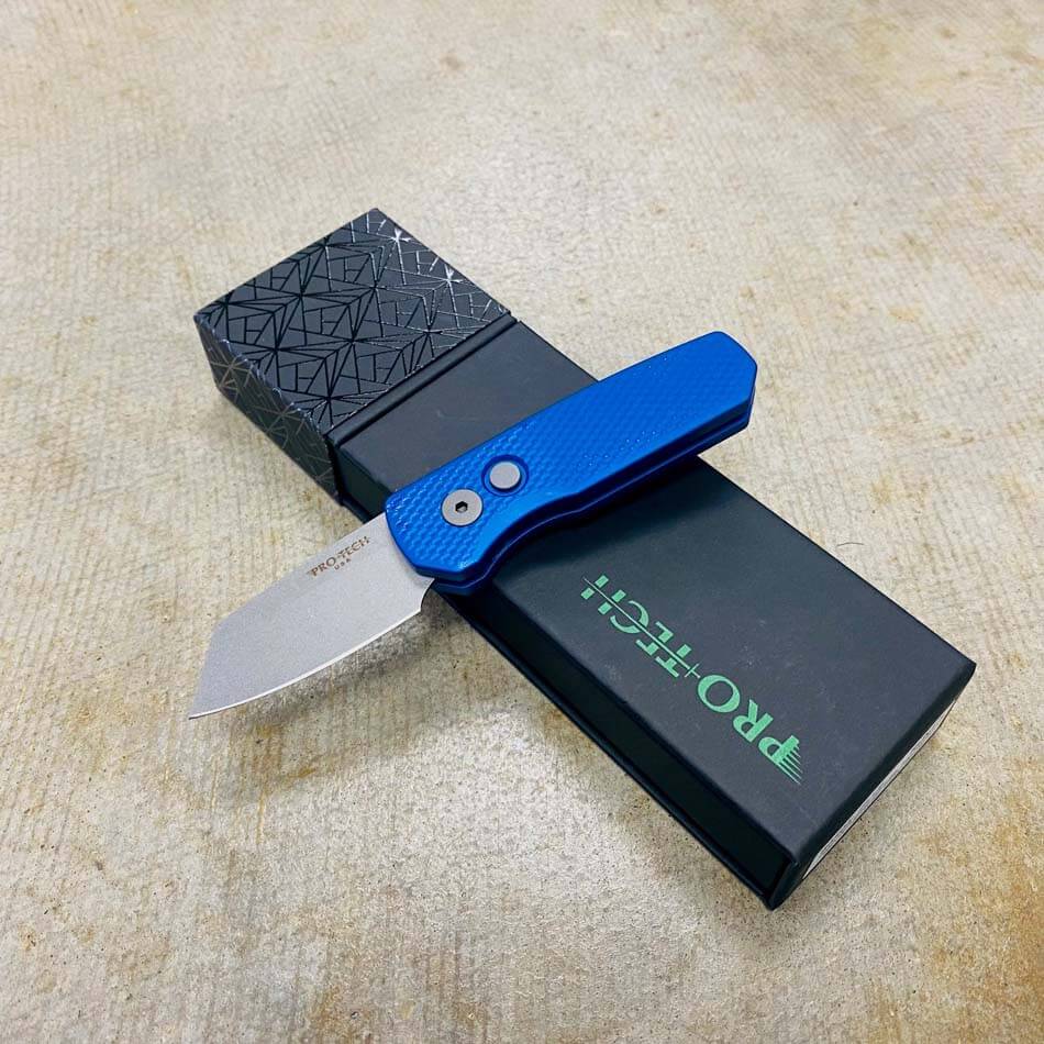Protech Runt 5 R5205-BLUE Textured Blue Handle 1.9" Stonewash 20CV Reverse Tanto Blade Auto Knife