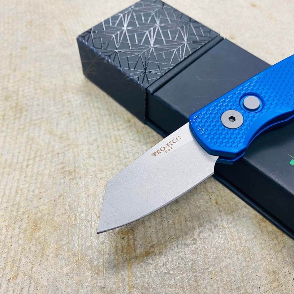 Protech Runt 5 R5205-BLUE Textured Blue Handle 1.9" Stonewash 20CV Reverse Tanto Blade Auto Knife - R5205-BLUE