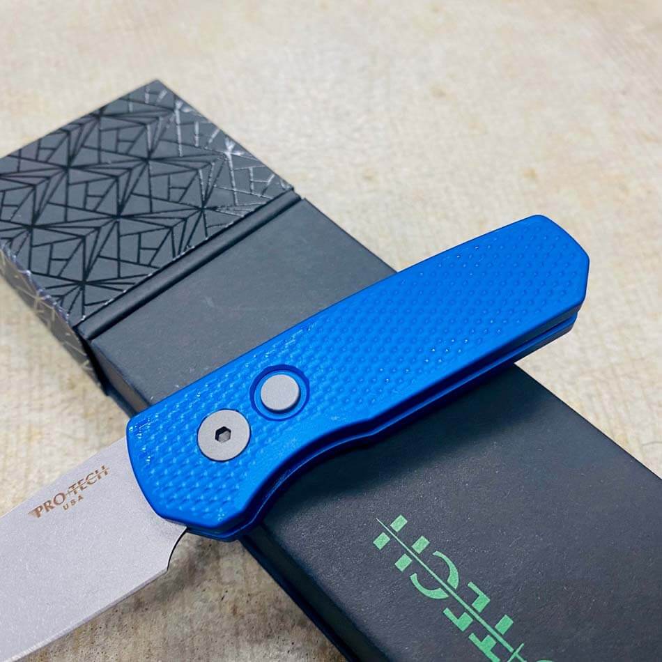 Protech Runt 5 R5205-BLUE Textured Blue Handle 1.9" Stonewash 20CV Reverse Tanto Blade Auto Knife - R5205-BLUE