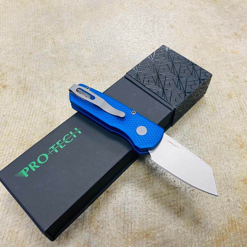 Protech Runt 5 R5205-BLUE Textured Blue Handle 1.9" Stonewash 20CV Reverse Tanto Blade Auto Knife - R5205-BLUE