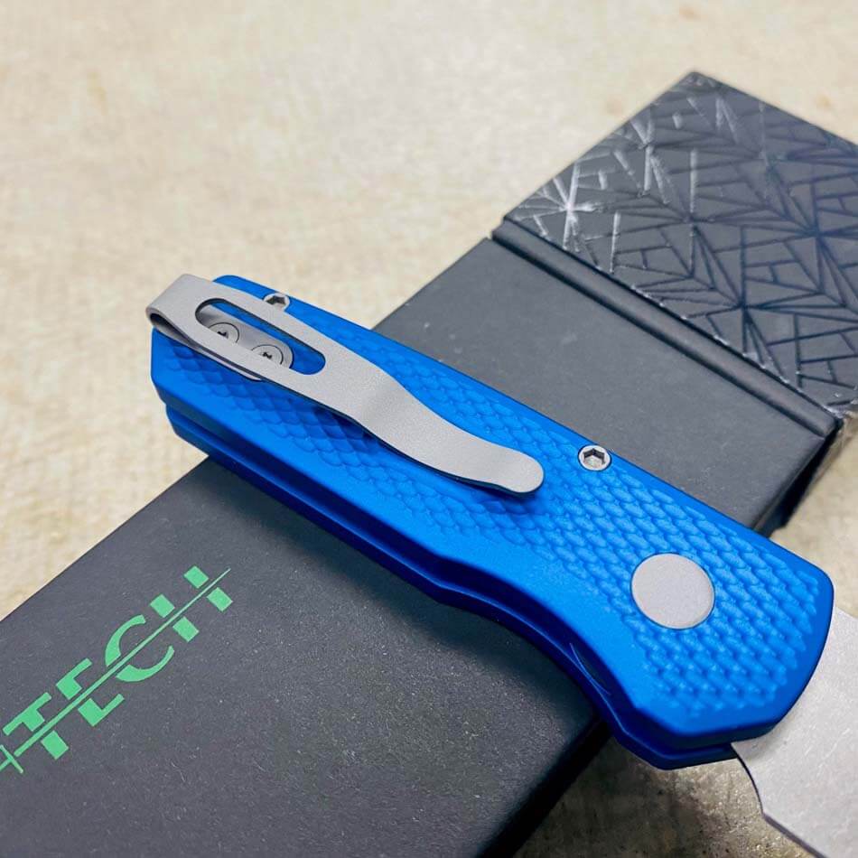 Protech Runt 5 R5205-BLUE Textured Blue Handle 1.9" Stonewash 20CV Reverse Tanto Blade Auto Knife - R5205-BLUE