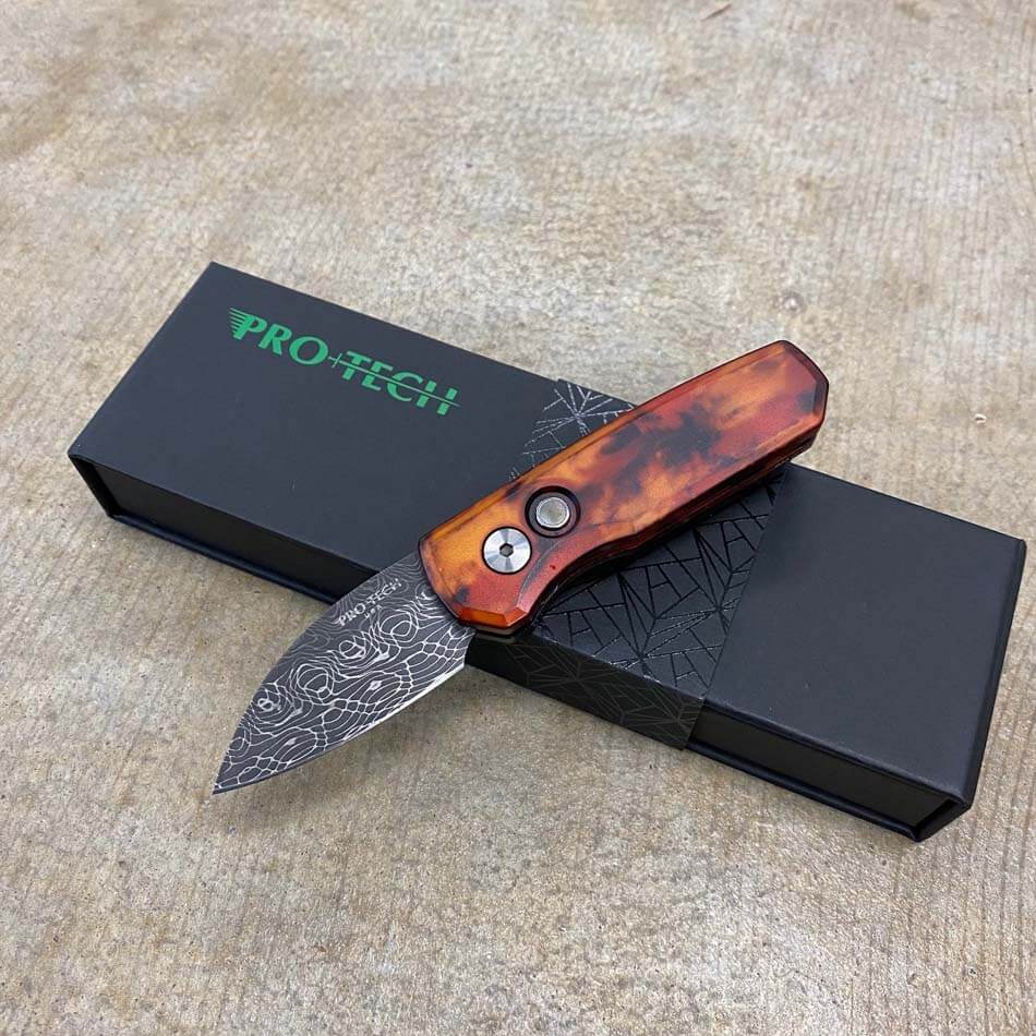 Protech Runt 5 R5301-DF Del Fuego Damascus Wharncliffe Blade Auto Knife