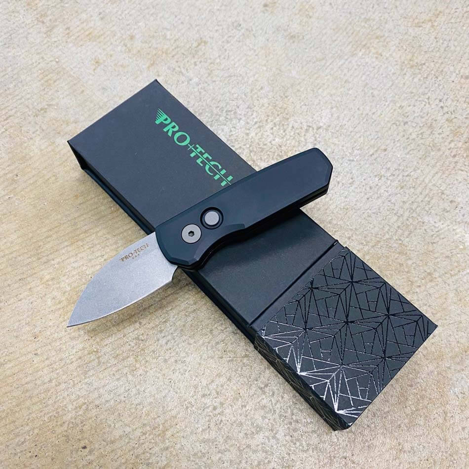 Protech Runt 5 R5301 Smooth Black Handle 1.9" Stonewash MAGNACUT Wharncliffe Blade Blasted Hardware Automatic Knife