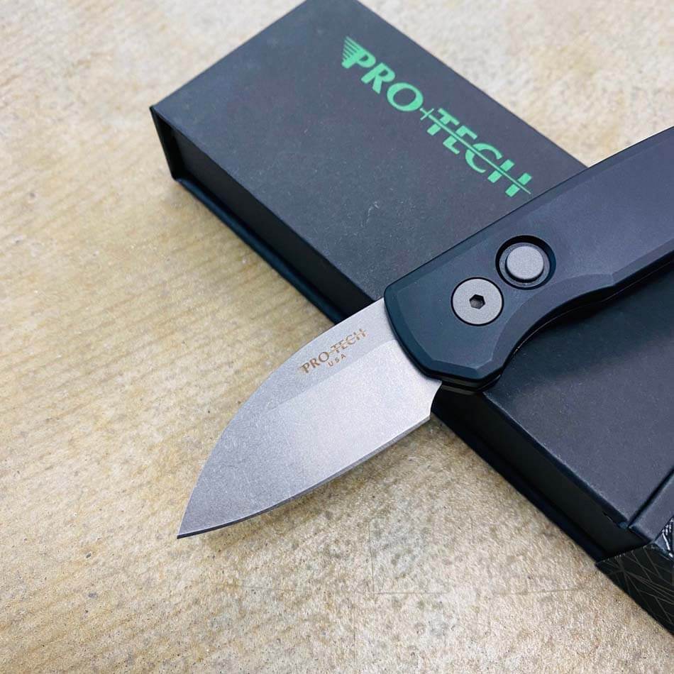 Protech Runt 5 R5301 Smooth Black Handle 1.9" Stonewash MAGNACUT Wharncliffe Blade Blasted Hardware Automatic Knife - R5301