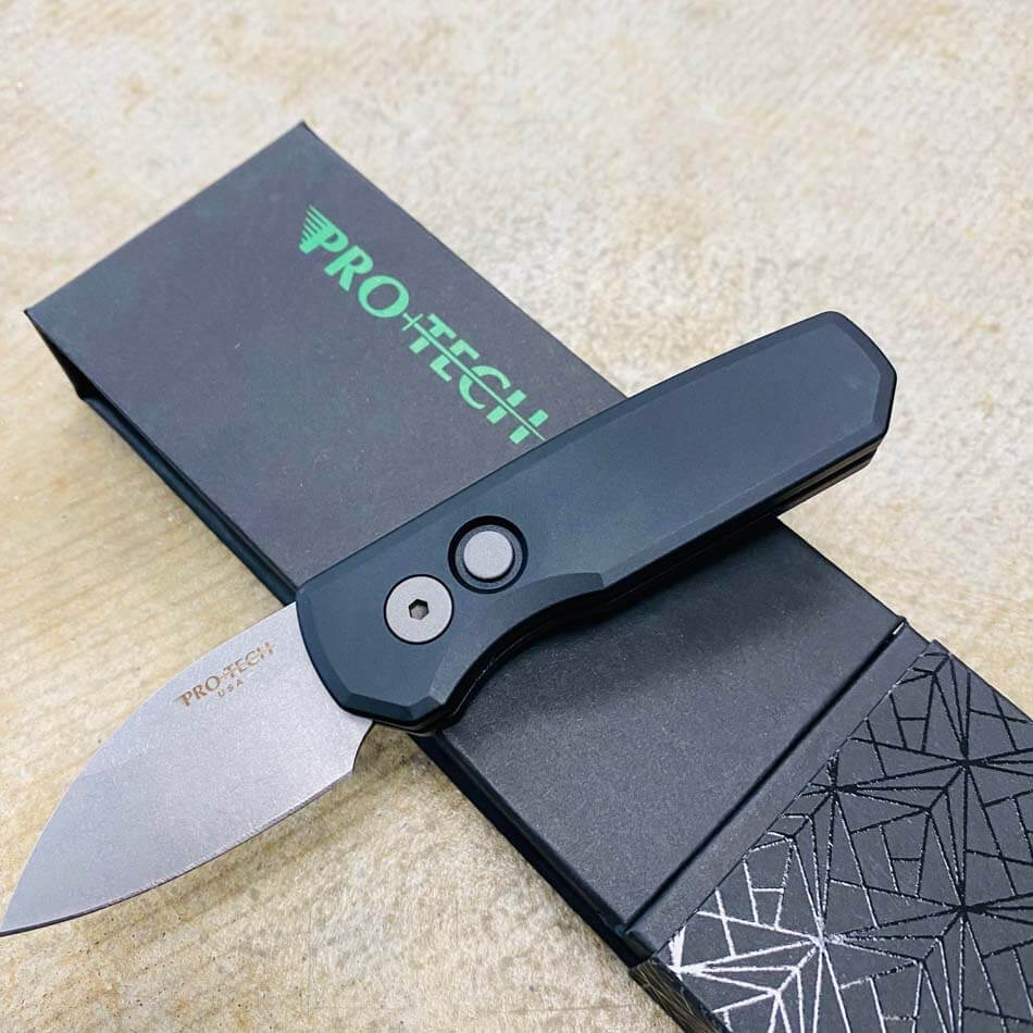Protech Runt 5 R5301 Smooth Black Handle 1.9" Stonewash MAGNACUT Wharncliffe Blade Blasted Hardware Automatic Knife - R5301