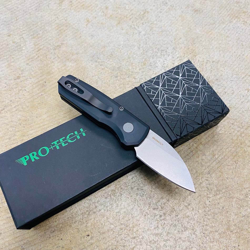 Protech Runt 5 R5301 Smooth Black Handle 1.9" Stonewash MAGNACUT Wharncliffe Blade Blasted Hardware Automatic Knife - R5301