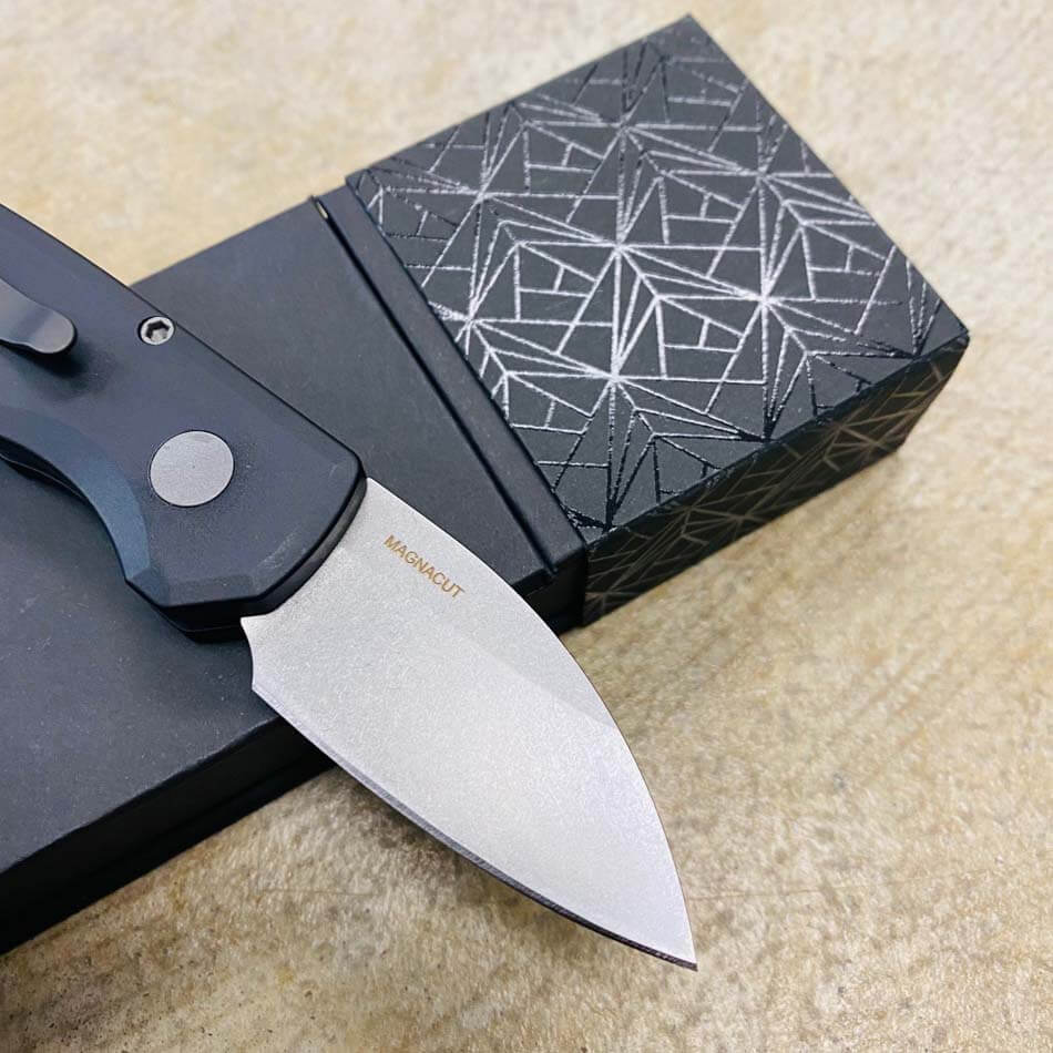 Protech Runt 5 R5301 Smooth Black Handle 1.9" Stonewash MAGNACUT Wharncliffe Blade Blasted Hardware Automatic Knife - R5301