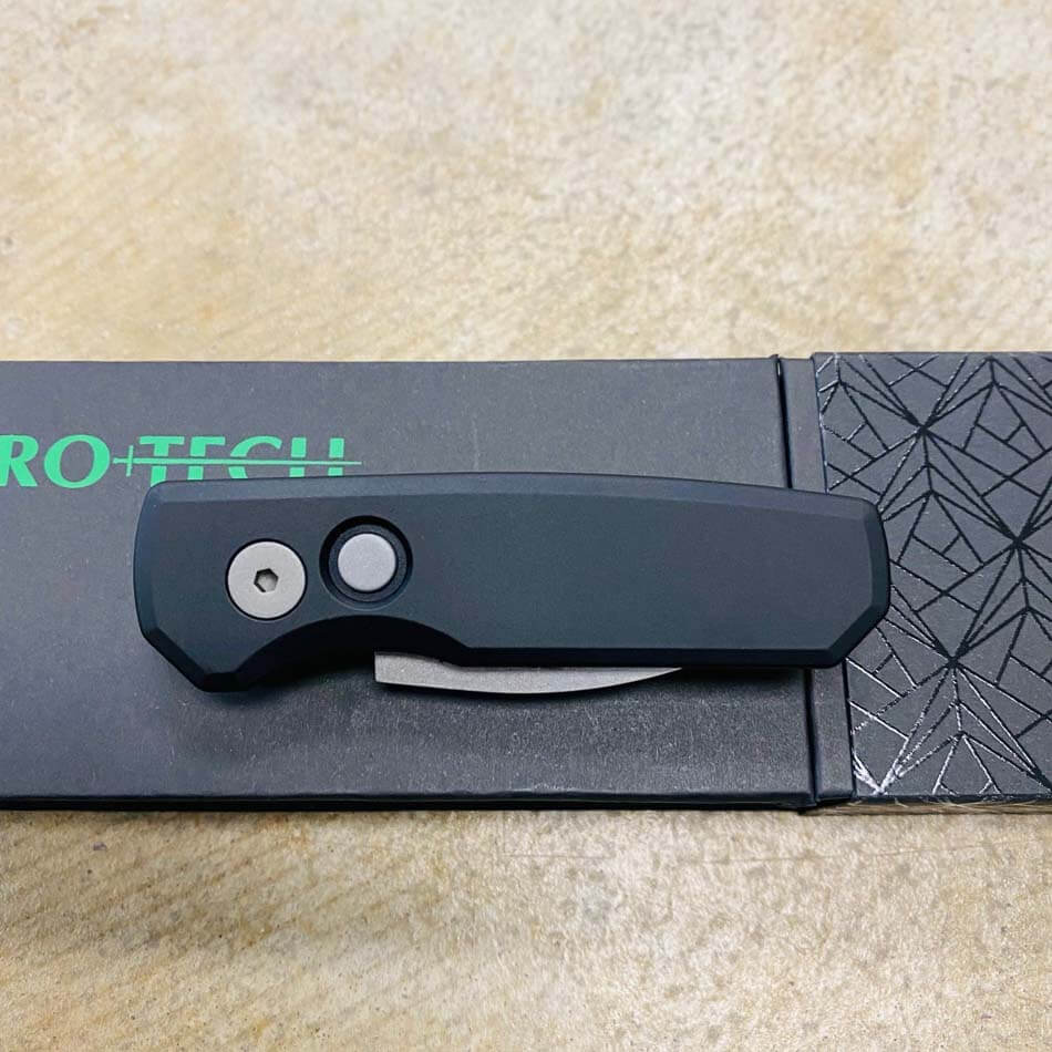 Protech Runt 5 R5301 Smooth Black Handle 1.9" Stonewash MAGNACUT Wharncliffe Blade Blasted Hardware Automatic Knife - R5301