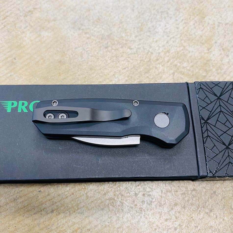 Protech Runt 5 R5301 Smooth Black Handle 1.9" Stonewash MAGNACUT Wharncliffe Blade Blasted Hardware Automatic Knife - R5301