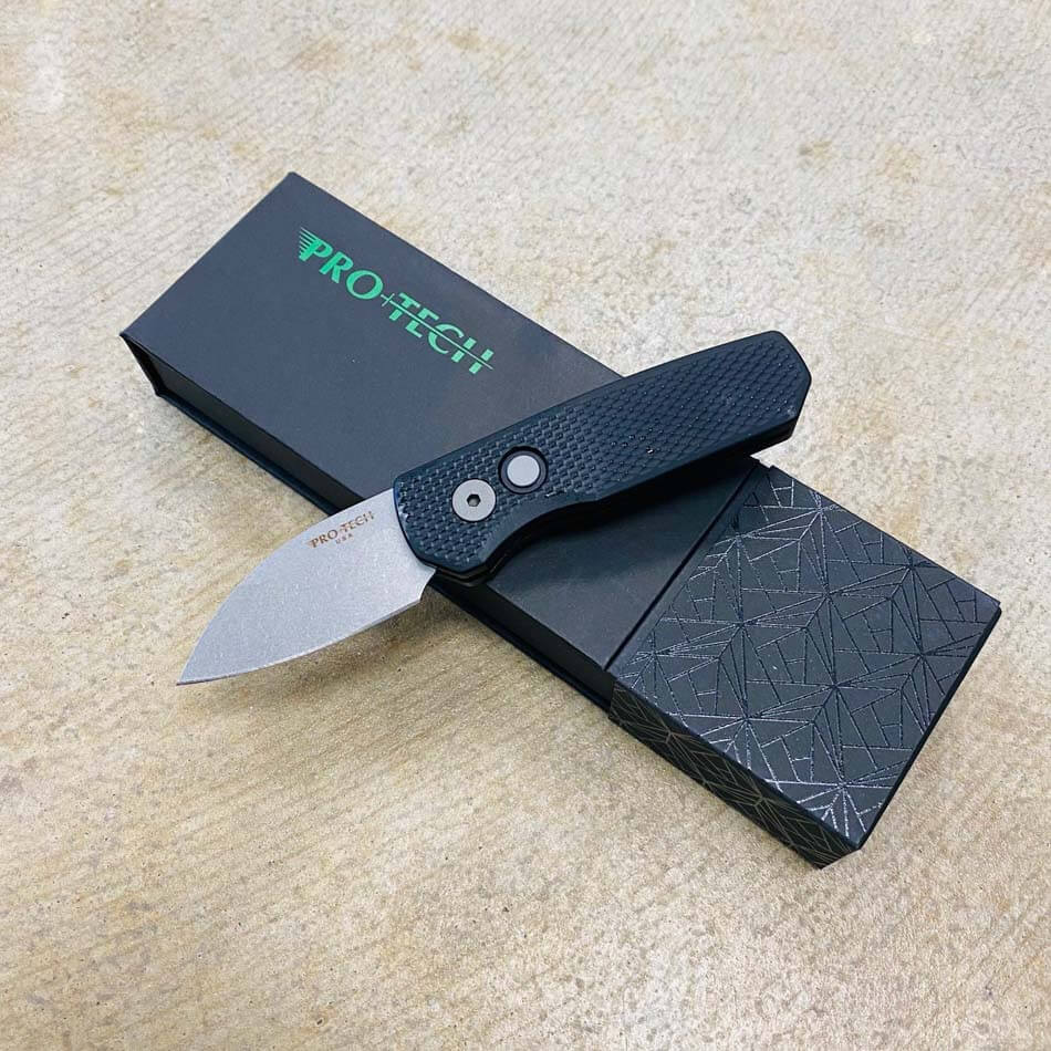 Protech Runt 5 R5305 Textured Black Handle 1.9" Stonewash MAGNACUT Wharncliffe Blade Blasted Hardware Automatic Knife