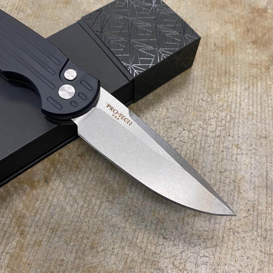 ProTech TR-3 L-1 Clip Point 3.5" LEFT HANDED Stonewash Blade Black Handles with grooves Automatic Knife BLADE SHOW 2023 - TR-3 L-1