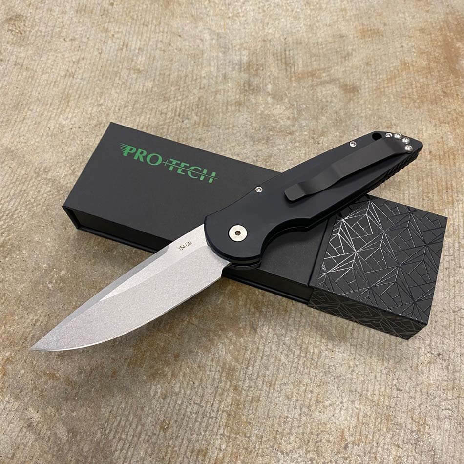 ProTech TR-3 L-1 Clip Point 3.5" LEFT HANDED Stonewash Blade Black Handles with grooves Automatic Knife BLADE SHOW 2023 - TR-3 L-1