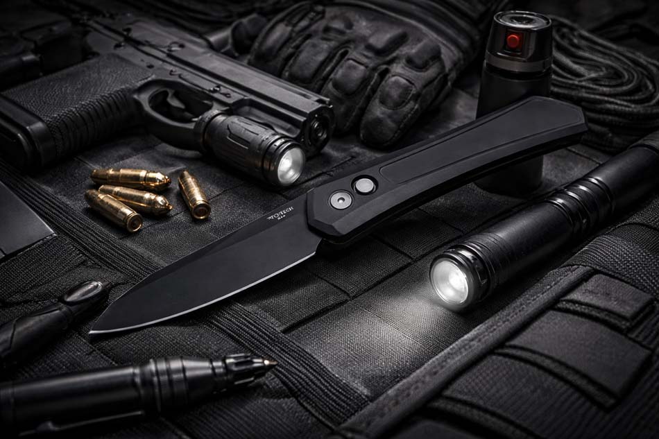 Protech DS103 Oligarch Dmitry Sinkevick Design Solid Black Aluminum Handles, DLC Black Magnacut Blade Knife - DS103