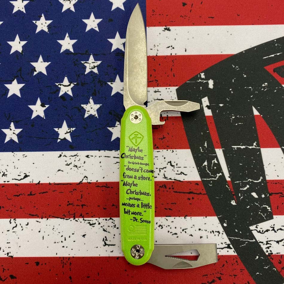 American Service Knife Jefferson GRINCH Utility Tool with Drop Point Knife, Bottle Opener, and Chisel CHRISTMAS EDITION - ASK Jefferson GRINCH 