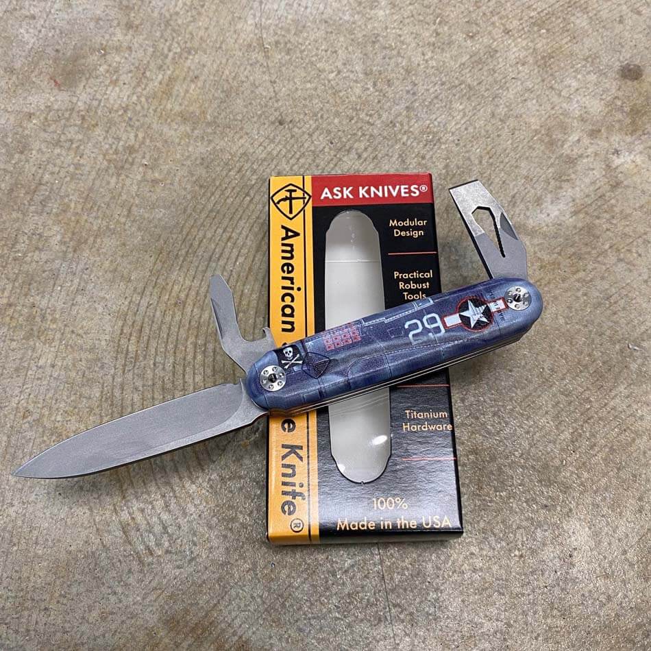 American Service Knife Jefferson Corsair Blue UV Printed Utility Tool with Drop Point Knife, Bottle Opener, and Chisel - ASK Corsair