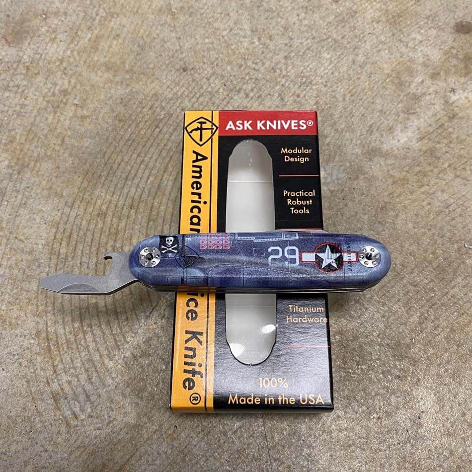 American Service Knife Jefferson Corsair Blue UV Printed Utility Tool with Drop Point Knife, Bottle Opener, and Chisel - ASK Corsair