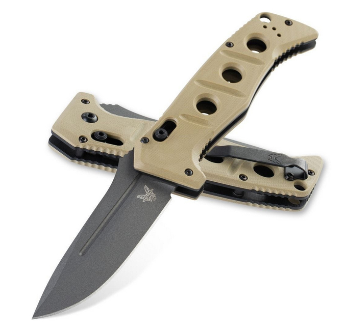 Benchmade 2750GY-3 Shane Sibert AUTO Adamas Folding Knife 3.78" CruWear Tungsten Gray Plain Blade, Desert Tan G10 Handles, Ballistic Nylon Sheath