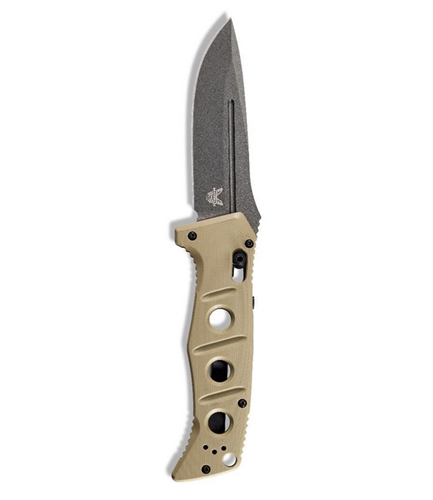 Benchmade 2750GY-3 Shane Sibert AUTO Adamas Folding Knife 3.78" CruWear Tungsten Gray Plain Blade, Desert Tan G10 Handles, Ballistic Nylon Sheath - 2750GY-3
