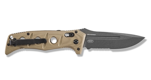 Benchmade 2750SGY-3 Shane Sibert AUTO Adamas SERRATED Folding Knife 3.78" CruWear Tungsten Gray Plain Blade, Desert Tan G10 Handles - 2750SGY-3