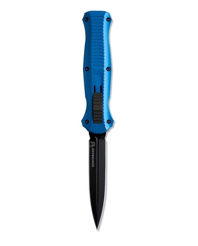 Benchmade 3300BK-2001 Infidel AUTO OTF 3.91" Black Finish Blue Handles Double Edge Dagger, Sheath  - 3300BK-2001