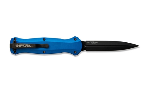 Benchmade 3300BK-2001 Infidel AUTO OTF 3.91" Black Finish Blue Handles Double Edge Dagger, Sheath  - 3300BK-2001