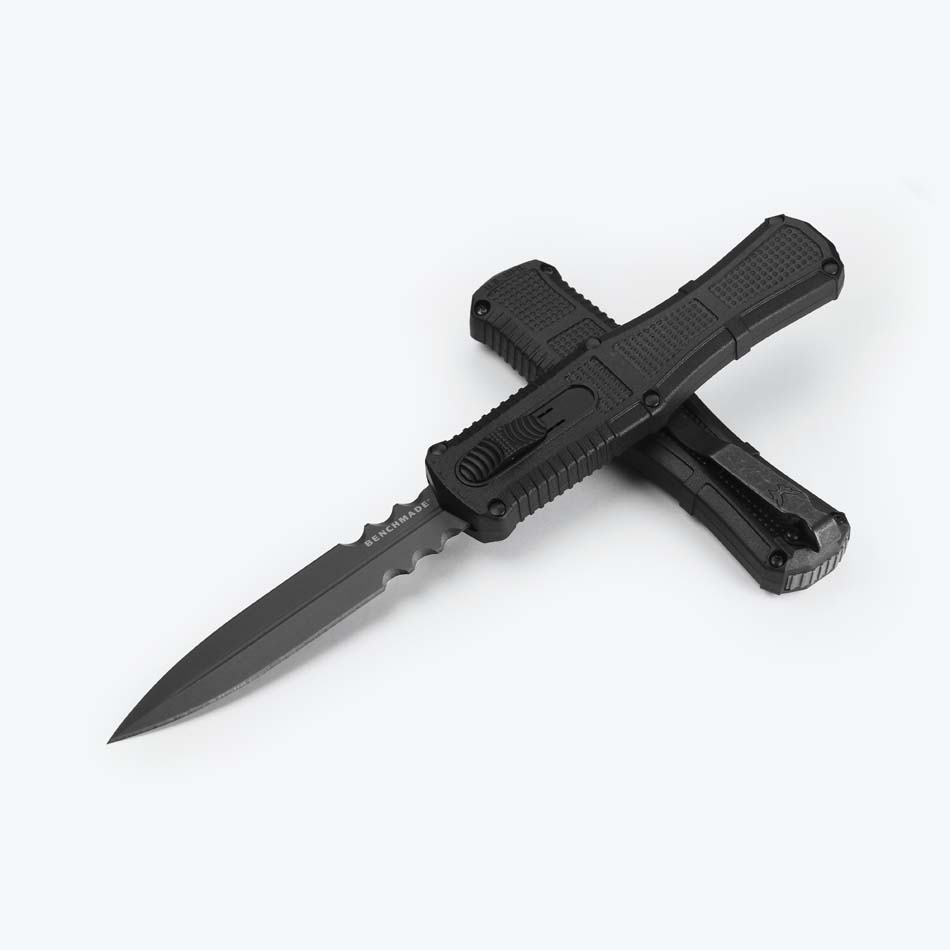 Benchmade 3370SGY Claymore OTF SERRATED Automatic 3.89" CPM-D2 Black Grivory Handles Knife