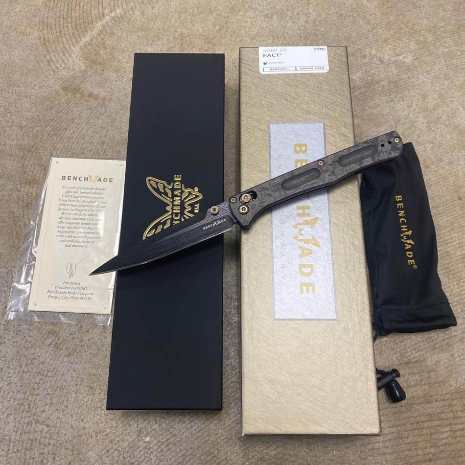 Benchmade 417BK-231 Limited Edition Gold Class Fact 3.95" LOKI Pattern Damasteel, Black Camo Fat Carbon Handles, Liners Jeweled and Cracked Ice Finish w/ DLC Folding Knife