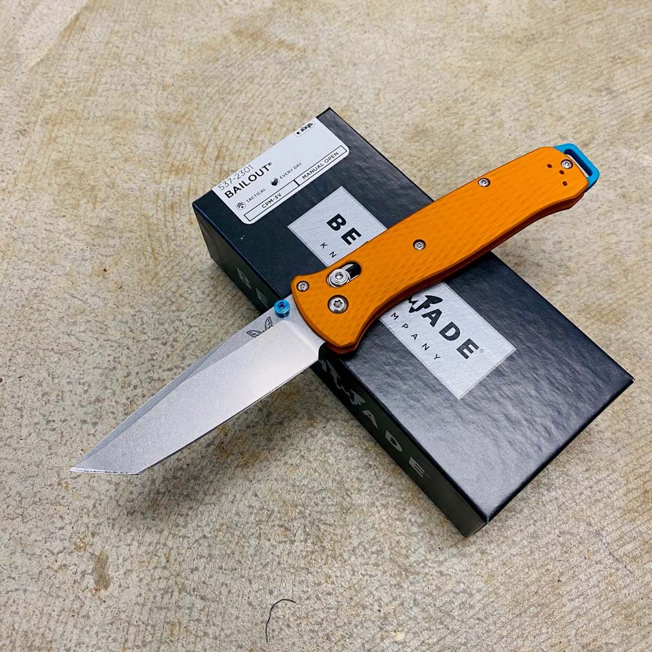 Benchmade 537-2301 Bailout AXIS Lock 3.38" Plain Edge CPM-3V Tanto Blade Orange Anodized Aluminum Handle Knife - SHOT SHOW 2023 LIMITED EDITION