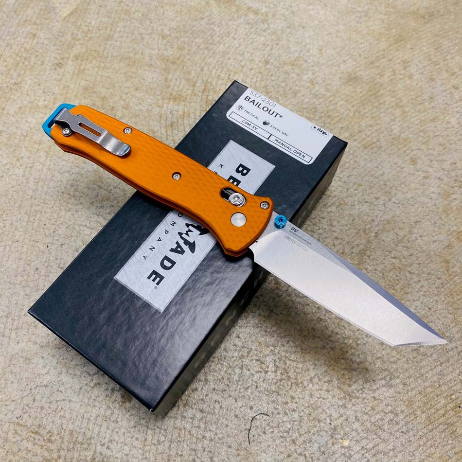 Benchmade 537-2301 Bailout AXIS Lock 3.38" Plain Edge CPM-3V Tanto Blade Orange Anodized Aluminum Handle Knife - SHOT SHOW 2023 LIMITED EDITION - 537-2301