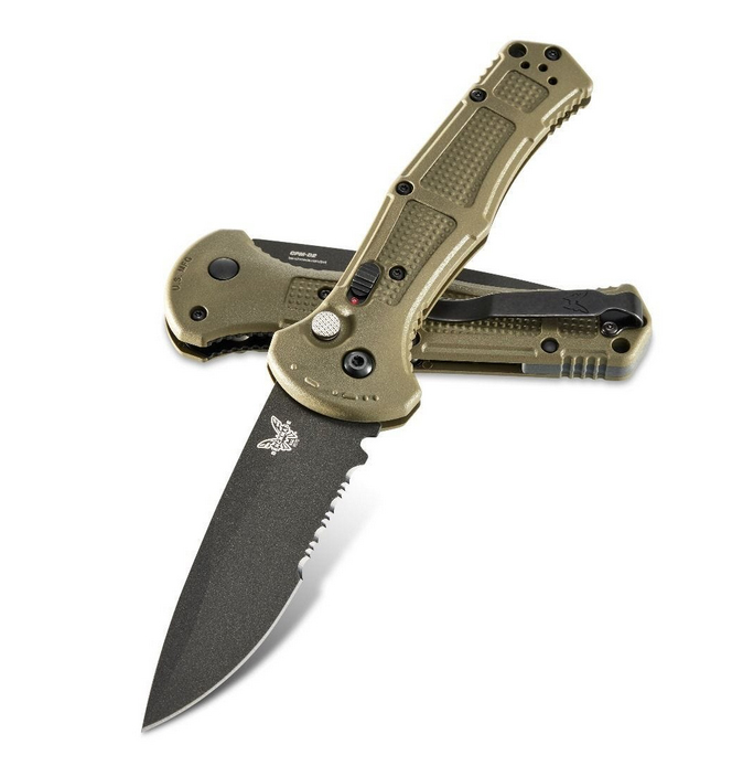 Benchmade 9070SBK-1 Claymore AUTO Folding Knife 3.6" CPM-D2 Cobalt Black Combo Blade, Ranger Green Grivory Handles