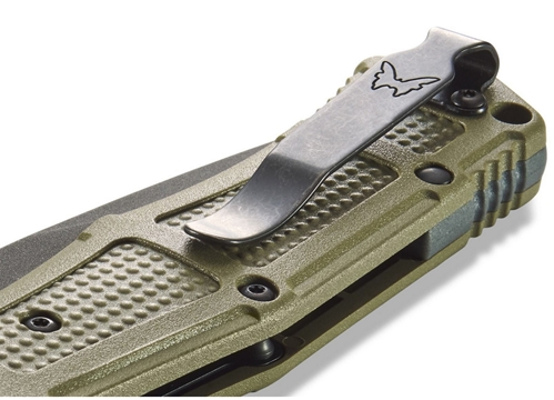 Benchmade 9070SBK-1 Claymore AUTO Folding Knife 3.6" CPM-D2 Cobalt Black Combo Blade, Ranger Green Grivory Handles - 9070SBK-1