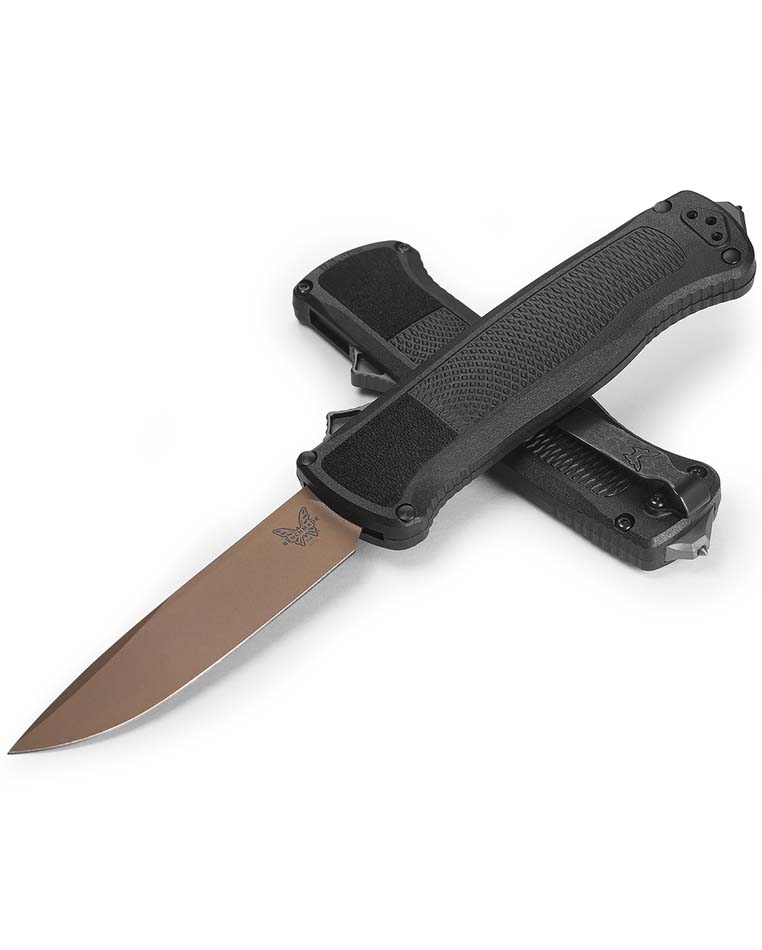 Benchmade 5371FE Shootout Black Grivory Handles, 3.5" Drop Point Flat Earth Blade, Automatic OTF Knife