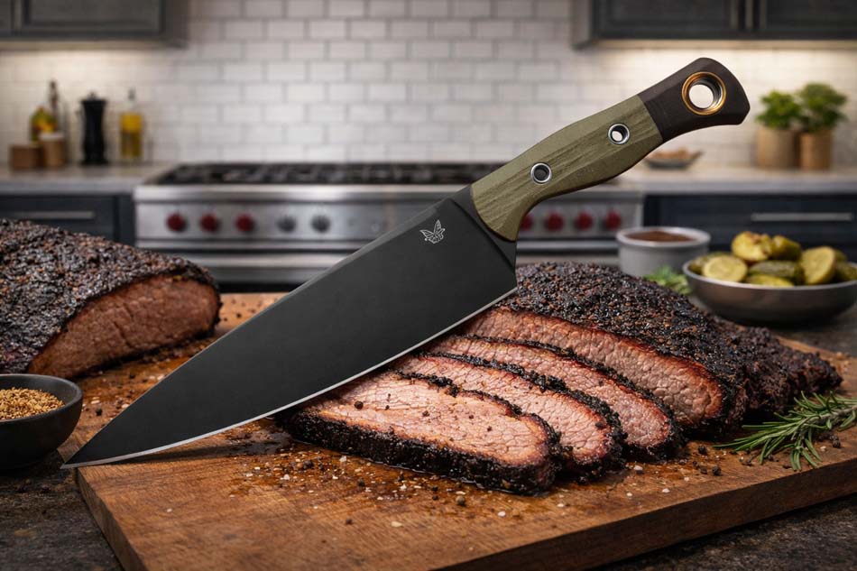 Benchmade 4025BK-01 Chef Knife, 8.04" DLC CPM-154 wear resistant stainless steel (58-61HRC), OD Green G10 Black G10 Bolster Handle